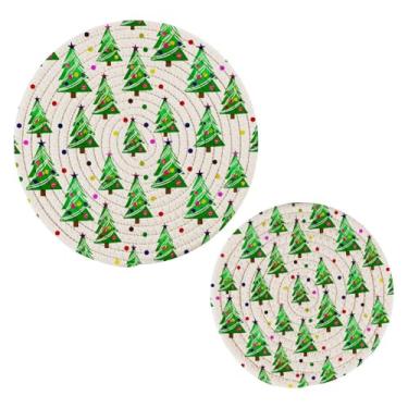 Imagem de Wassud Conjunto de trivet de desenho animado de árvores de Natal para pratos quentes, suportes redondos de algodão, almofadas quentes, porta-copos elegantes, decoração de cozinha e acessórios, 2 peças
