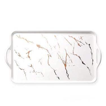 Imagem de uhyOHF Bandeja decorativa de cerâmica, bandeja de servir, bandeja retangular com alça, bandeja portátil, bandeja de jantar, prato de servir branco (