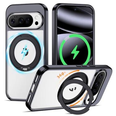 Imagem de AmoraAqua Compatível com capa transparente para Google Pixel 9 Pro XL/Google Pixel 10 Pro XL de 6,8 polegadas com suporte magnético de 360° [compatível com Mag-Safe] capa de telefone revestida, preta