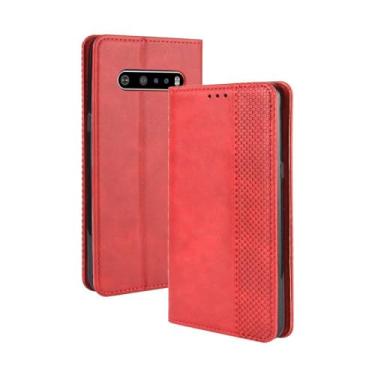 Imagem de Capa flip de couro para LG V60 ThinQ 5G,Flip magnético retro,Caso de telefone de couro PU,Design de carteira com 3 slots de cartão e 1 clipe de dinheiro -Red