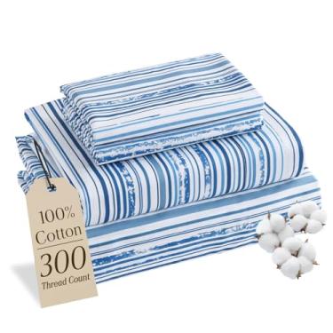 Imagem de MCO Jogo de lençol 100% algodão estampado floral, conjunto de lençóis Queen de algodão 300 fios, bolso profundo de 40,6 cm, lençóis refrescantes respiráveis, 4 peças (Queen, listras azuis)