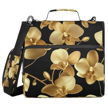 Imagem de Burbuja Pasta de fichário com 3 anéis de flores de orquídea dourada com zíper e alça de ombro para laptop de 13 polegadas, vários bolsos para trabalho de escritório