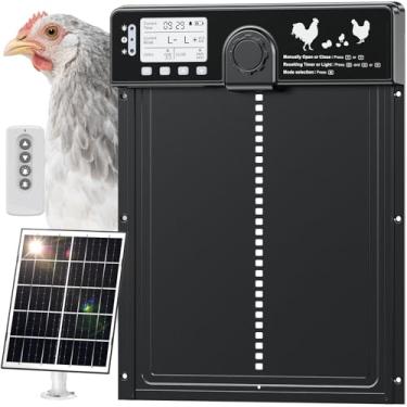Imagem de Porta de galinheiro automática movida a energia solar com visor LCD de 4 modos, controle remoto de 15 m, temporizador, sensor de luz, carregador USB-C, porta de liga de alumínio à prova de intempéries
