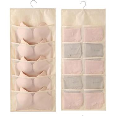 Imagem de Organizador de armário com bolsos de malha dupla face, prateleiras de parede, bolsa econômica de espaço para roupas íntimas, sutiã, meias, acessórios com cabide