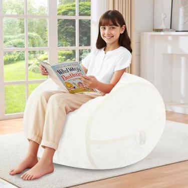 Imagem de HABUTWAY Cadeira de pufe de 6 m, cadeiras pequenas com enchimento de espuma de memória, poltrona de veludo ultramacia com alça portátil, sofá confortável para sala de estar, sem montagem - branca