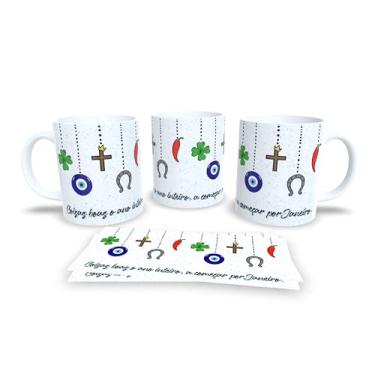 Imagem de Caneca Decorativa com Mensagem Pra Semana, Porcelana Branca, Design Olho Grego, Frase Motivacional em Português, Padrão Círculos Azuis (17363)