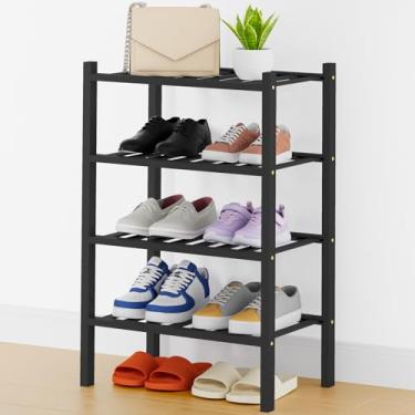 Imagem de Smiry Sapateira, organizador de sapatos de bambu pequeno de 4 camadas de espessura, prateleira empilhável de madeira para armário, entrada, entrada da porta da frente, preto