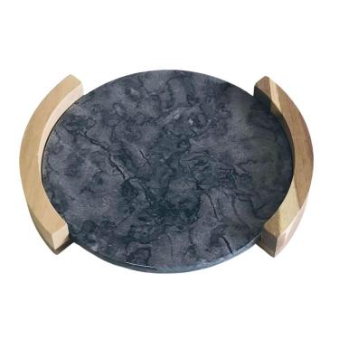 Imagem de Bandeja Tábua Redonda De Pedra Mármore Com Alça Madeira Preta Natural P 33cm Btc
