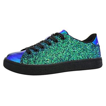 Imagem de LUCKY STEP Tênis com purpurina com cadarço | Tênis da moda | Sapatos brilhantes para mulheres, Green Hologram, 6