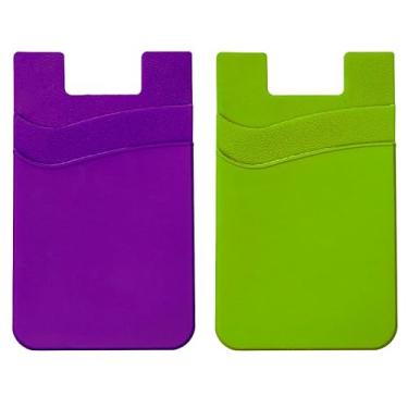Imagem de Nuke Armor Suporte de cartão de telefone de silicone com compartimento duplo, porta-cartão, bolsa adesiva para cartão de crédito - pacote com 2 (2, verde neon/roxo)