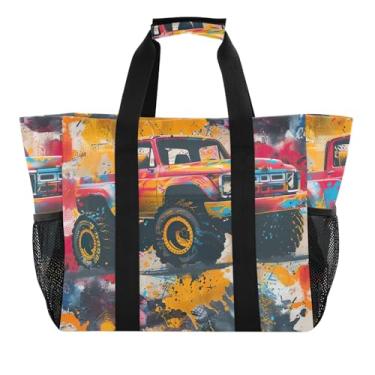 Imagem de ODAWA Bolsa de praia à prova d'água para piscina, organizador diário, sacola dobrável para compras, caminhão monstro grunge, Caminhão monstro grunge, One Size