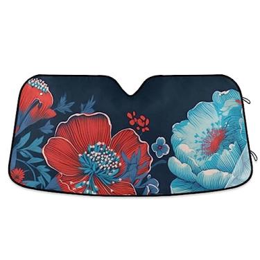 Imagem de Papoilas de flores contrastantes de cor vermelha e azul para carro, proteção UV, persiana dobrável para janela de carro, para veículo