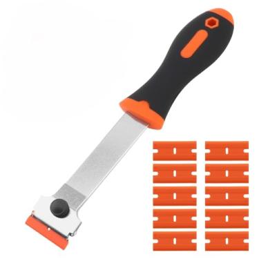 Imagem de ePathChina Raspador de lâmina de barbear, raspador de cabo longo com 10 lâminas de substituição extras, raspador de limpeza para remover adesivos, tinta, calafetagem, etiqueta, graxa da janela, vidro