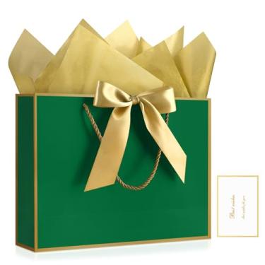 Imagem de JMANNI 1 bolsa de presente grande com fita e 1 cartão de felicitações, 2 papéis de seda, bolsa de presente de papel portátil com alças, sacos de presente de aniversário para festa de casamento, dia