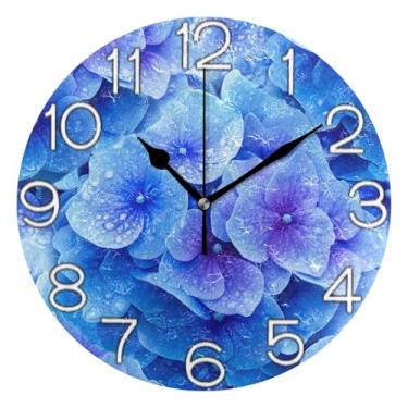 Imagem de Relógio de parede analógico decorativo moderno alimentado por bateria para quarto e cozinha, arte de decoração moderna de meados do século, pontos de arte de flores azuis brilhantes, 25 cm, ponteiros