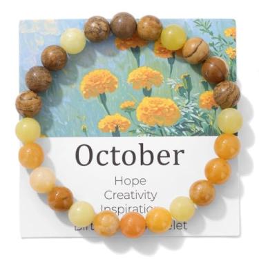 Imagem de MMIUAEG Pulseira de pedra do mês do zodíaco para mulheres e homens, pulseira de pedras coloridas para aniversário, Natal, formatura e cartão de desejos para reduzir a ansiedade, mês do zodíaco, Medium