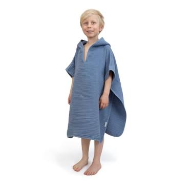 Imagem de Ehrenkind Poncho de banho de musselina orgânica para crianças de 1 a 5 anos, tecido de musselina de 4 camadas macio e macio, poncho de banho infantil, azul jeans, 1-3 anos