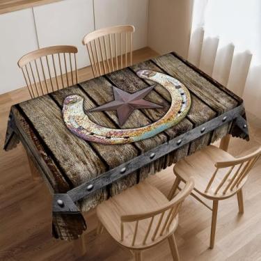 Imagem de DONMYER Toalha de mesa vintage retangular rústica ferradura enferrujada estrela do Texas toalha de mesa vintage cabana do oeste toalha de mesa lavável marrom capa de mesa para jantar casa fazenda 137