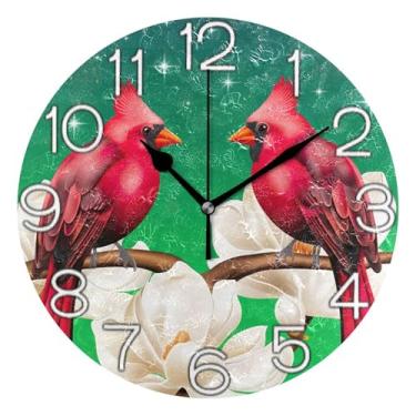 Imagem de GAIGEO Relógio de parede analógico decorativo divertido alimentado por bateria relógio de cozinha fofo, sala de estar decoração de parede moderna, pássaro vermelho dia dos namorados floral, 25 cm