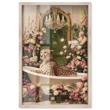 Imagem de Cheetah in Spring Bathroom Shadowbox Print Bathroom Wall Art por Art Remedy, moldura loira, 43 x 63 cm