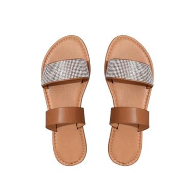 Imagem de OYOANGLE Sandália feminina de strass brilhante com faixa dupla, bico aberto, para férias, Marrom, 36