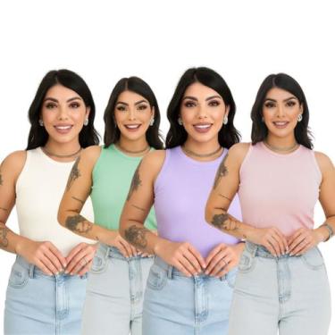 Imagem de Kit 4 Regata Canelada Ribana Básica Blusinha Moda Gringa Feminina Tend