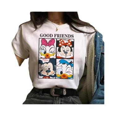 Imagem de Camiseta Feminina Kawaii Disney Mickey Minnie Mouse Estampa Algodão Co