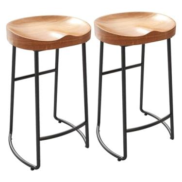 Imagem de WYNSJDBB Conjunto de 2 bancos de bar, bancos de bar industriais com moldura de metal, cadeiras de bar de madeira maciça, assento clássico de madeira maciça, apoio para pés frente única (75 cm)