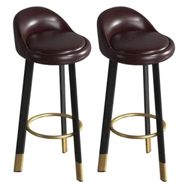 Imagem de Conjunto de 2 banquetas de bar, assento de pele de cera de óleo e bancos de bar com estrutura de metal de ferro, bancos de cozinha com encosto, cadeiras com apoio para os pés (70 cm)