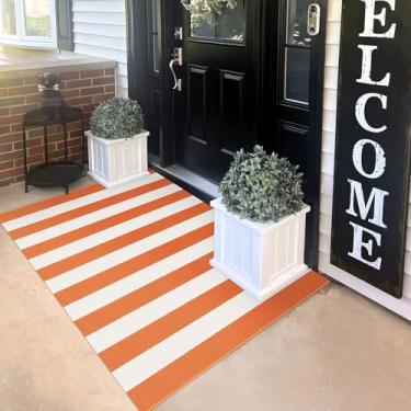 Imagem de KILOCOCO Tapete listrado laranja 8,5 x 1,5 m para o dia das bruxas, dia de graças, capacho lavável no outono, tapete de férias em camadas para varanda, casa de fazenda, entrada, pátio, cozinha