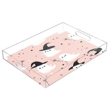 Imagem de xigua Bandeja de servir de acrílico fantasma de Halloween com alças à prova de derramamento, bandejas decorativas de festa de Halloween, bandeja organizadora de bancada para banheiro, cozinha, 30,5 x