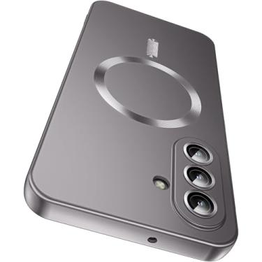 Imagem de LEKEVO Capa magnética para Samsung Galaxy A17 5G [compatível com MagSafe] [protetor de lente de câmera embutido] Capa de telefone fina de silicone macio à prova de choque metálico brilhante, cinza