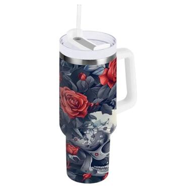 Imagem de SEHANY Copo de caveira e rosas de 1,18 l com alça, copo isolado de aço inoxidável a vácuo de parede dupla, à prova de vazamento, caneca de café isolada para viagem cabe no suporte de copo de carro