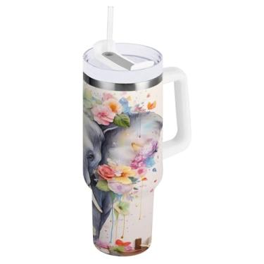 Imagem de SEHANY Copo de elefante fofo de 1,134 g com alça, copo isolado de aço inoxidável de parede dupla à prova de vazamento, caneca de café isolada para viagem cabe no suporte de copo de carro