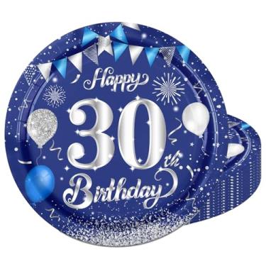 Imagem de 20 peças de pratos de aniversário de 23 cm elegantes azuis e prateados para festa de 30 anos de aniversário de 30 anos, pratos de papel descartáveis, para homens e mulheres, festa marcante