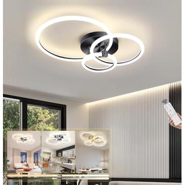 Imagem de Luminária de teto LED moderna e regulável para sala de estar, com controle remoto, formato circular, ideal para quarto, sala de jantar, escritório e cozinha (preta, 3 lâmpadas, 49W).