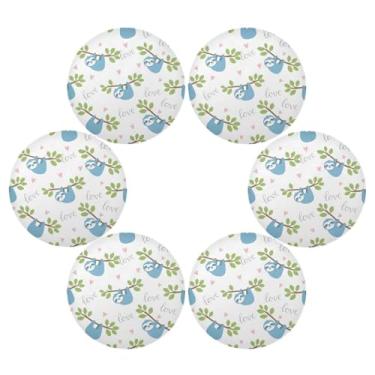 Imagem de Wassud Jogo americano conjunto de 6 tapetes de mesa redondos com preguiças azuis fofas para cozinha e jantar tapetes laváveis resistentes ao calor decoração de mesa 39 cm