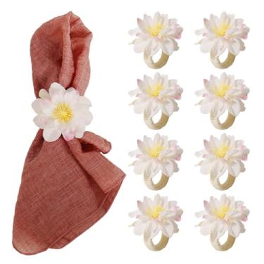 Imagem de Getfitsoo Conjunto de 8 anéis de guardanapo de flor de dália, anéis de guardanapo florais feitos à mão com fivelas de juta para o dia dos namorados, casamento, jantares, decoração de mesa de festas de