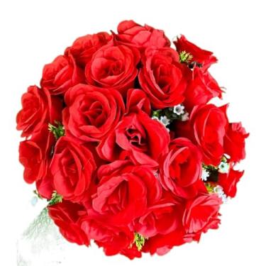 Imagem de Buquê de Rosas Artificiais com Folhagem C/24 Flores – Arranjo Decorativo Realista para Casa, Festa e Presente(Vermelho-3916/4581)
