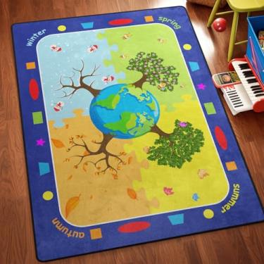 Imagem de Trees of The Four Seasons Classroom Rugs, Non-Slip Soft Earth&Trees Kids Rugs, Earth Day Educational Playmat for Kids Carpet for Preschool Elementary Activity Room Kids Playroom /5' x 7'/ Blue