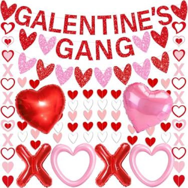 Imagem de Decorações de Dia de Galentinos para Conjunto de Festa Faixa de Gang Galentines Bandeiras de Guirlanda de Coração Rosa Vermelho X Letras e Balões de Folha de Coração Rosa para Decorações de Dia dos