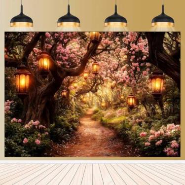 Imagem de Fundo de floresta encantada de primavera rosa para fotografia flor de cerejeira estrada conto de fadas país das maravilhas jardim fotografia chá de bebê decoração de festa de aniversário faixa 1,5 x