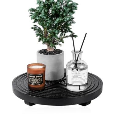 Imagem de Bandeja decorativa redonda para decoração de banheiro de fazenda, suporte de madeira, organizador de bancada de cozinha para perfume, vela, planta, 23 cm, preto