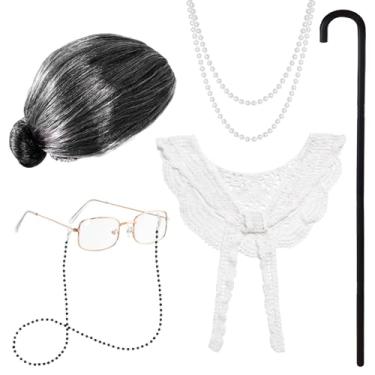 Imagem de Xcgbxzd Fantasia de senhora para mulheres, peruca de avó e óculos com corrente, colar de bengala, xale para 100 dias de escola, cosplay de vovó