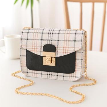 Imagem de Bolsa transversal xadrez feminina – Bolsa de ombro quadrada pequena estilo coreano com fecho de trava, Preto, Medium, Mochila casual