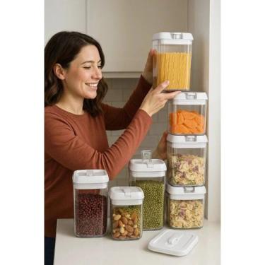 Imagem de Kit 7 Potes Acrílico Armazenamento Arroz Feijão Cereais Recipiente Vas