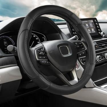 Imagem de ANMOSVO Capa de volante para Honda Civic (2006-2015), CR-Z, Insight, S2000|couro de microfibra e design de segurança antiderrapante | Ajuste personalizado de 35,5 a 35,5 cm (tamanho preto-pequeno)