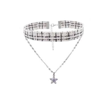 Imagem de JSEA Gargantilha com padrão de grade preta e branca de 16 mm, colar de resina com pingente de flor, conjunto de duas peças para mulheres, Small, Tecido, Sem Pedra Preciosa