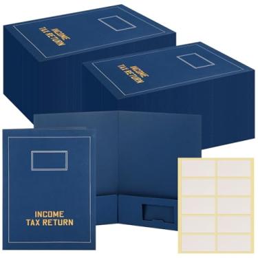 Imagem de Kisston 300 pastas de declaração de imposto de renda a granel 2 bolsos folha dourada carimbada pastas de imposto de renda com etiquetas organizador de escritório de arquivo comercial (azul)