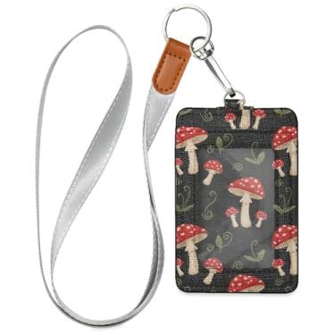 Imagem de Burbuja Porta-crachá de couro com cordão, etiqueta de identificação de cogumelo com 1 janela transparente para identidade e 2 compartimentos para cartão para escritório, enfermeira, professor, médico